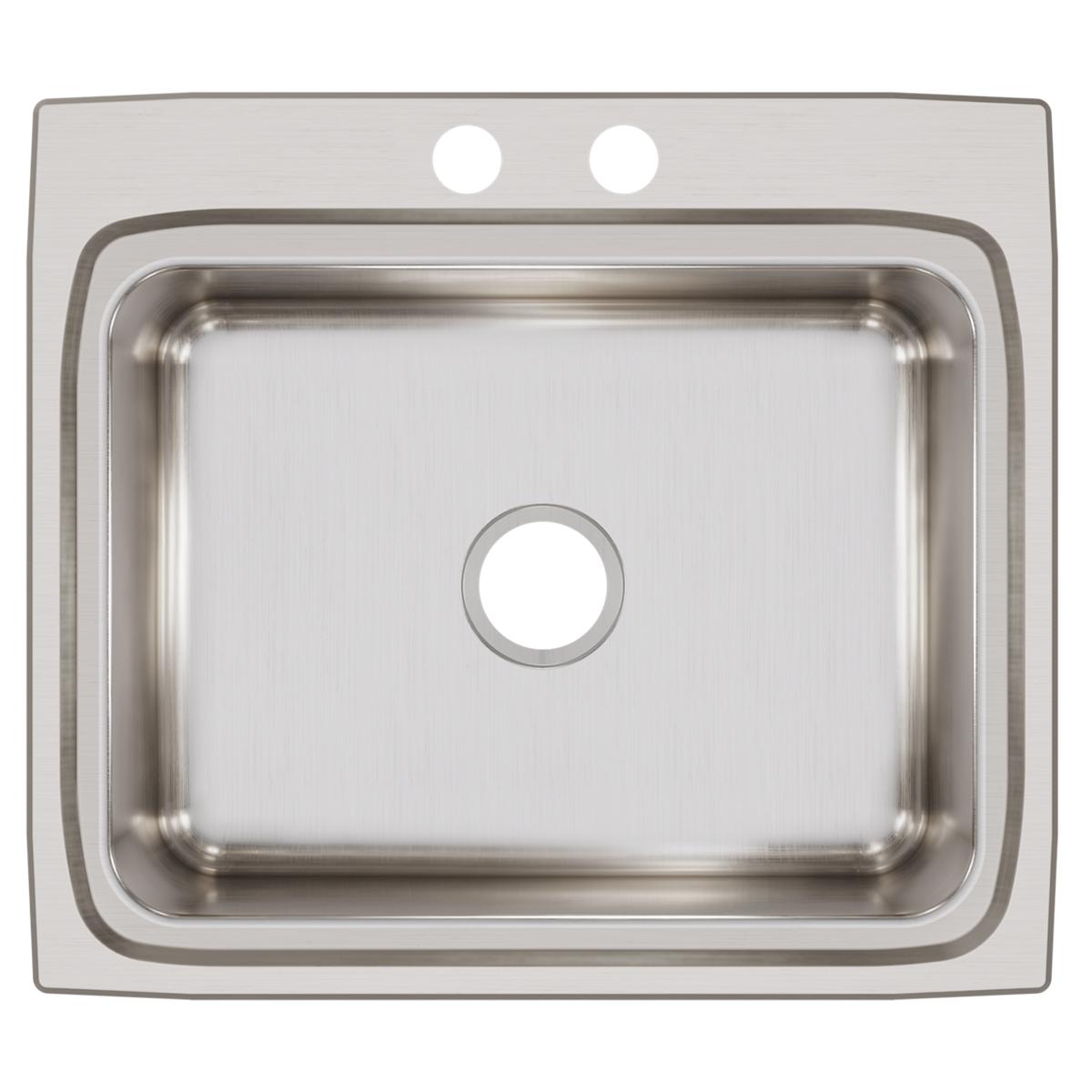 Stainless steel drop-in sink with single bowl, two faucet holes, and brushed finish surface.