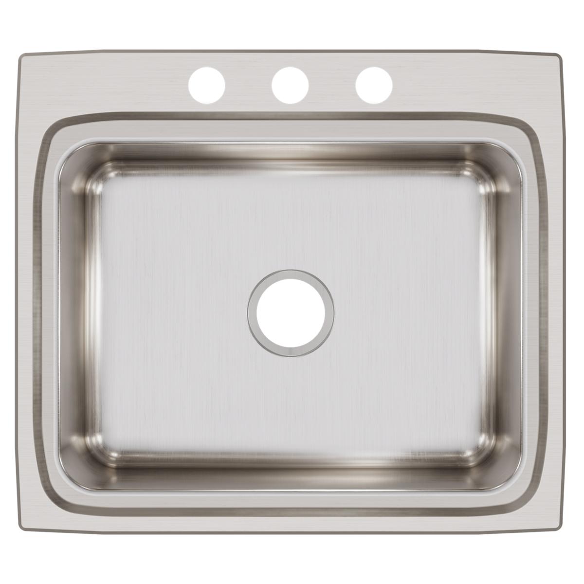 Stainless steel drop-in sink with single bowl, brushed finish, and three pre-drilled holes in the rim for faucet installation