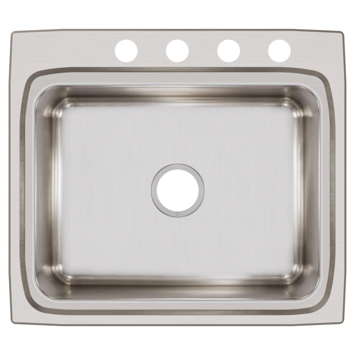 Stainless steel drop-in sink with single bowl, four pre-drilled holes on rim, and brushed finish surface.