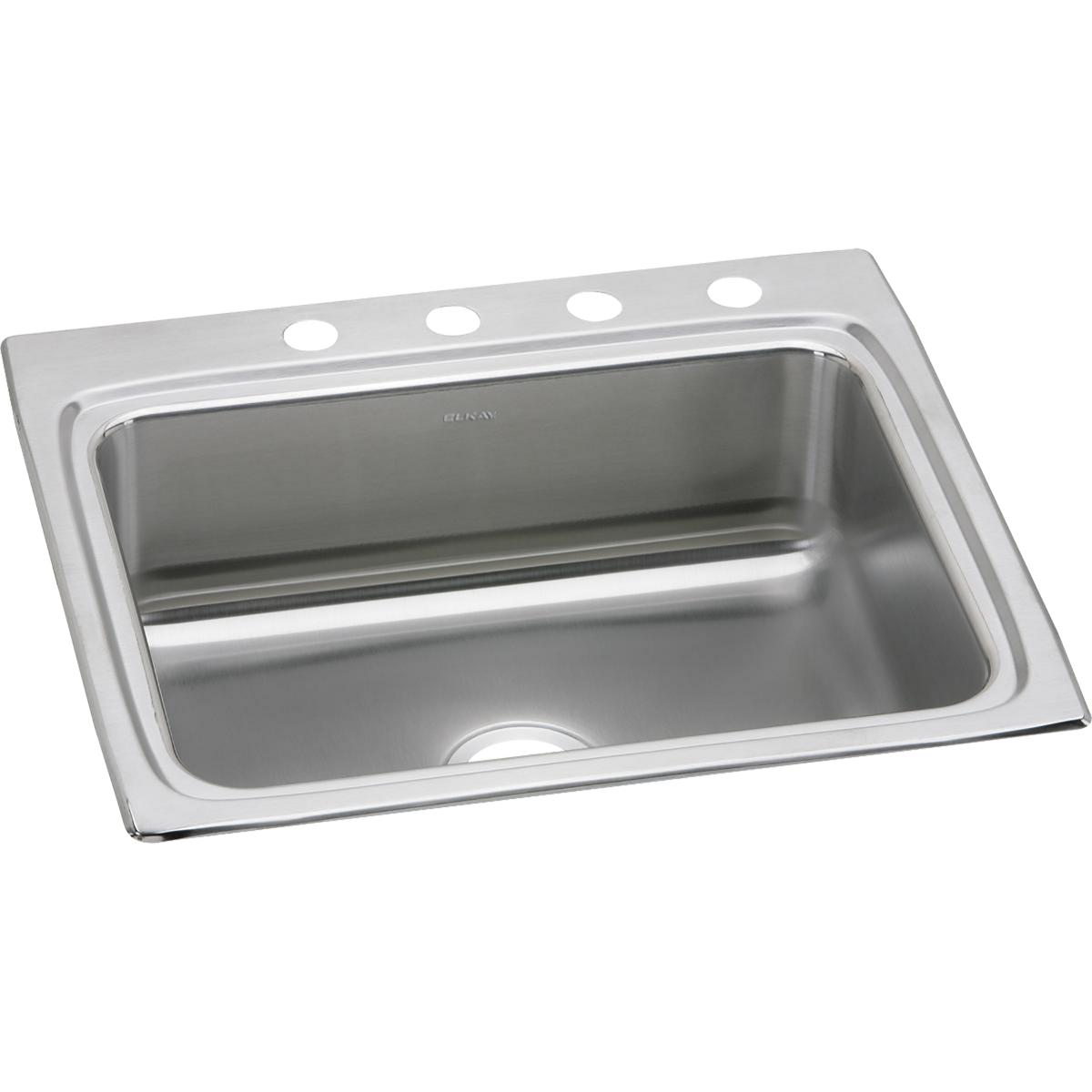 Stainless steel drop-in sink with single bowl, four holes across the rim, and brushed satin finish.