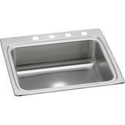 Stainless steel single bowl drop-in sink with four mounting holes along the rim and brushed finish.