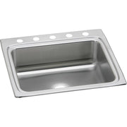 Stainless steel single-bowl drop-in sink with five pre-drilled holes across the rim for faucet installation.