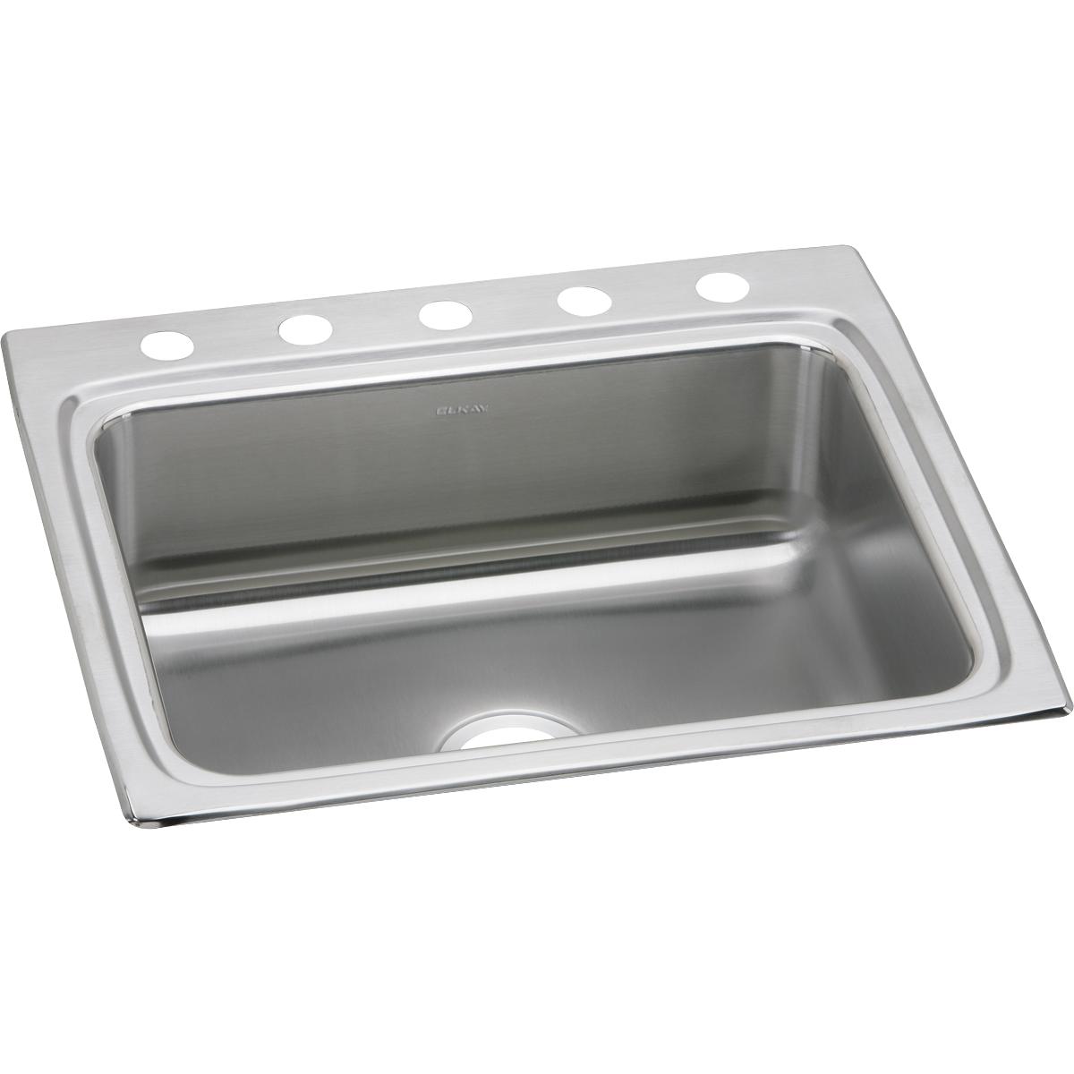 Stainless steel single-bowl drop-in sink with five pre-drilled holes across the rim for faucet installation.