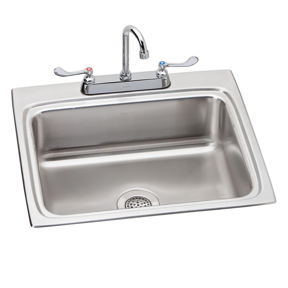 Stainless steel drop-in sink with single bowl, drain strainer, and chrome faucet with dual lever handles.