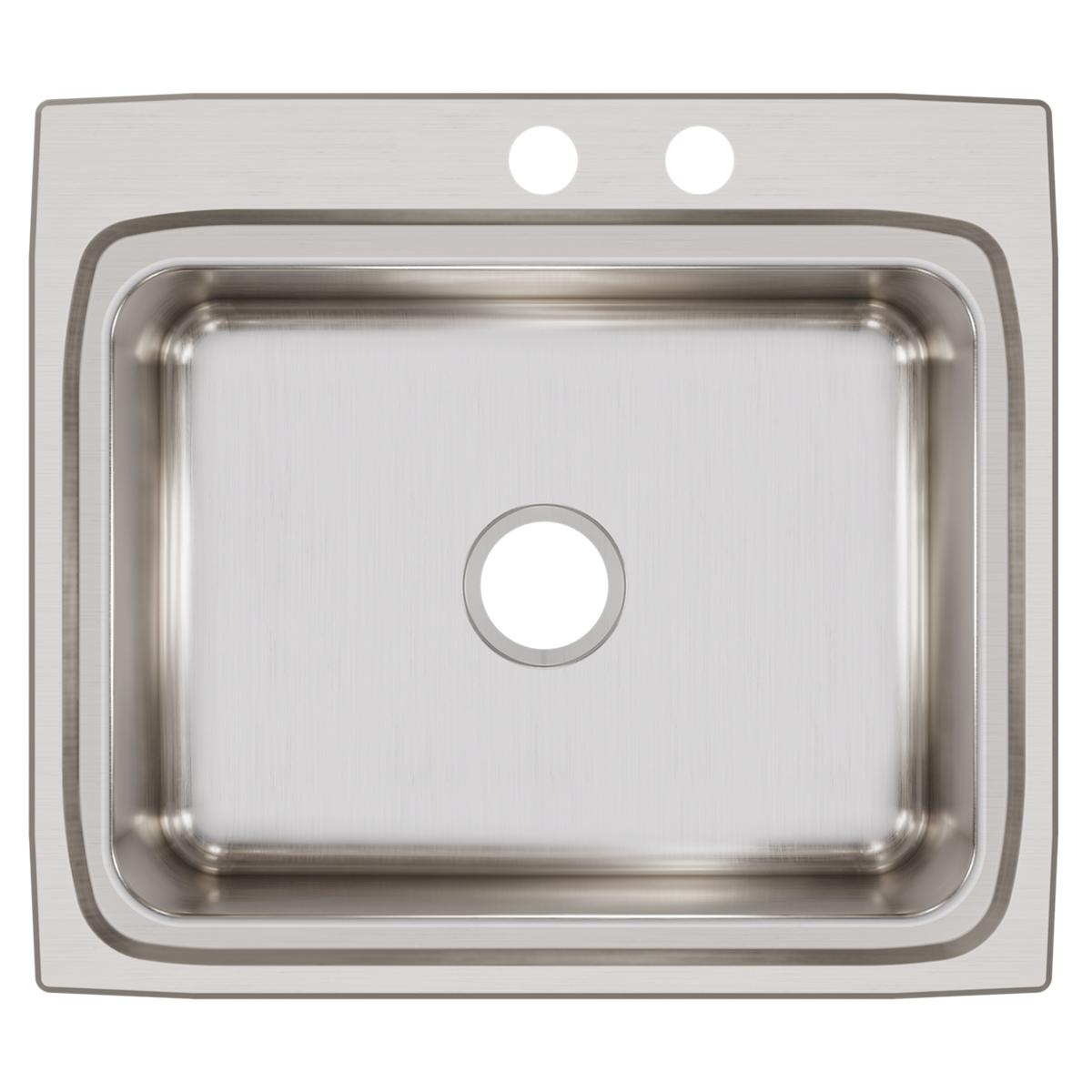 Stainless steel drop-in sink with single bowl basin and two faucet holes on brushed surface rim.