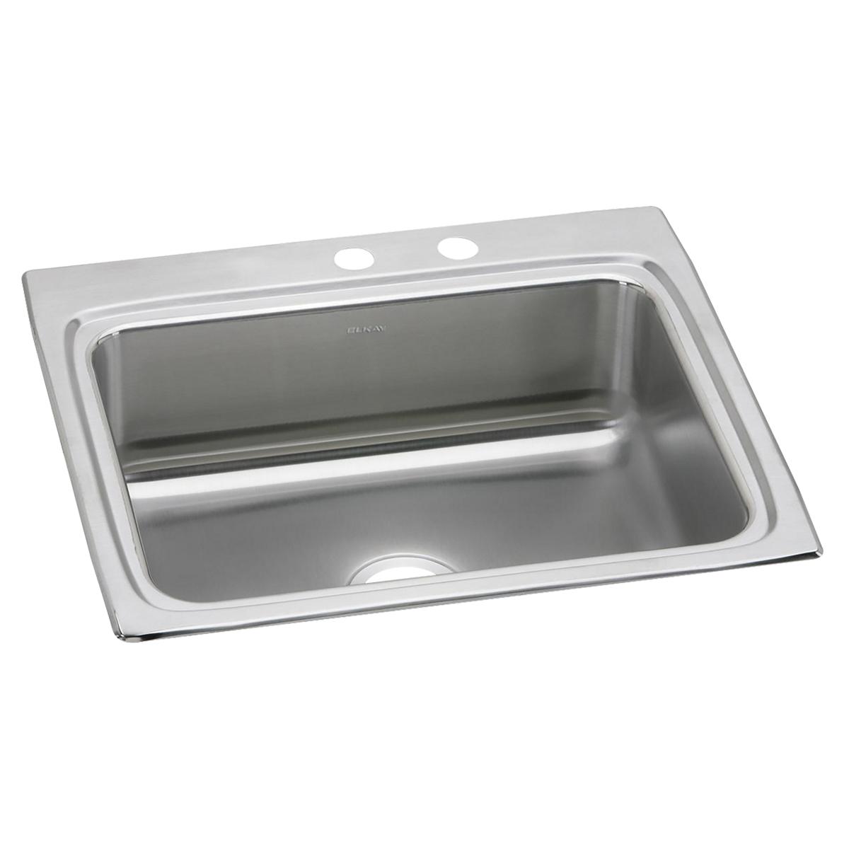 Stainless steel single bowl drop-in sink with two faucet holes and brushed finish surface.
