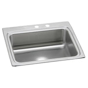 Stainless steel single bowl drop-in sink with two faucet holes and brushed finish surface.