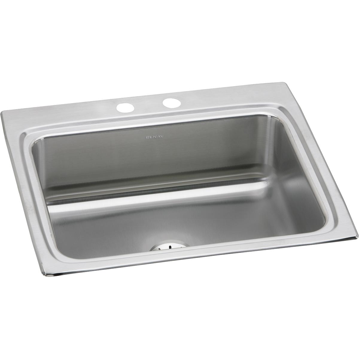 Stainless steel drop-in kitchen sink with single bowl, two faucet holes, and drain opening.