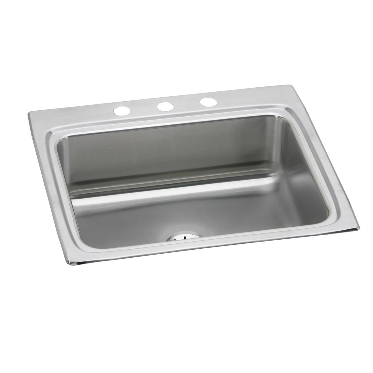 Stainless steel drop-in sink with single bowl, three mounting holes on rim, and center drain.