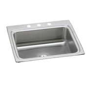 Stainless steel drop-in sink with single bowl, three mounting holes on rim, and center drain.
