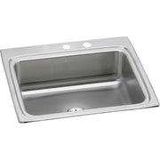 Stainless steel drop-in kitchen sink with single bowl, two mounting holes, and drain opening visible.
