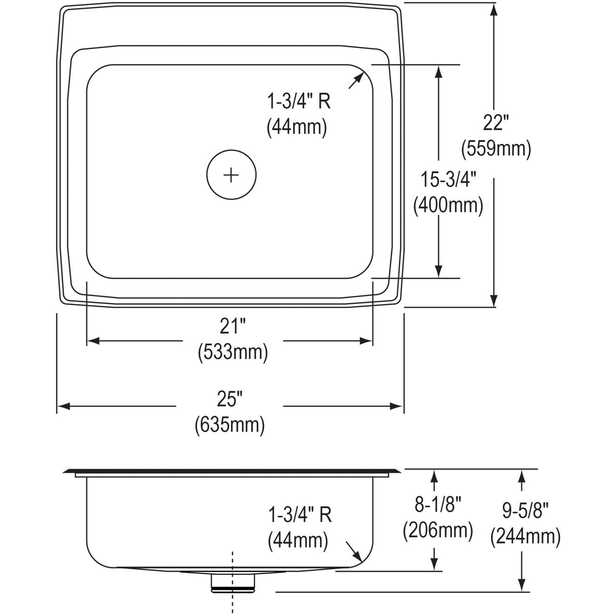 Technical drawing showing top and side views of a rectangular stainless steel drop-in sink with single bowl, rounded corners,