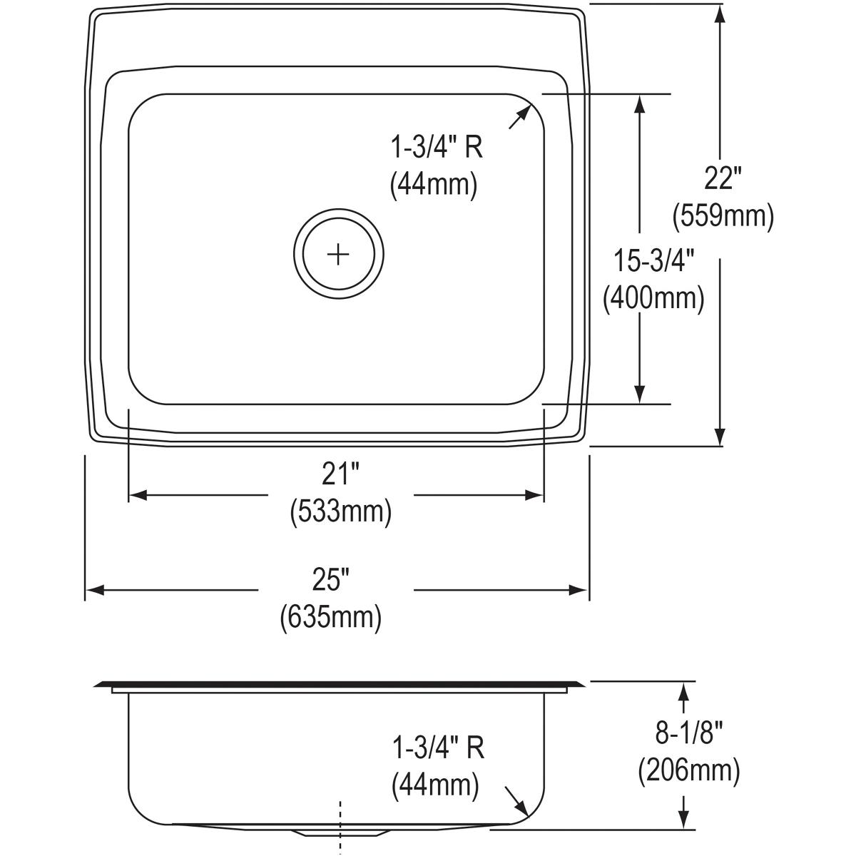 Top and side view technical drawing of stainless steel drop-in sink with dimensions and single bowl layout.