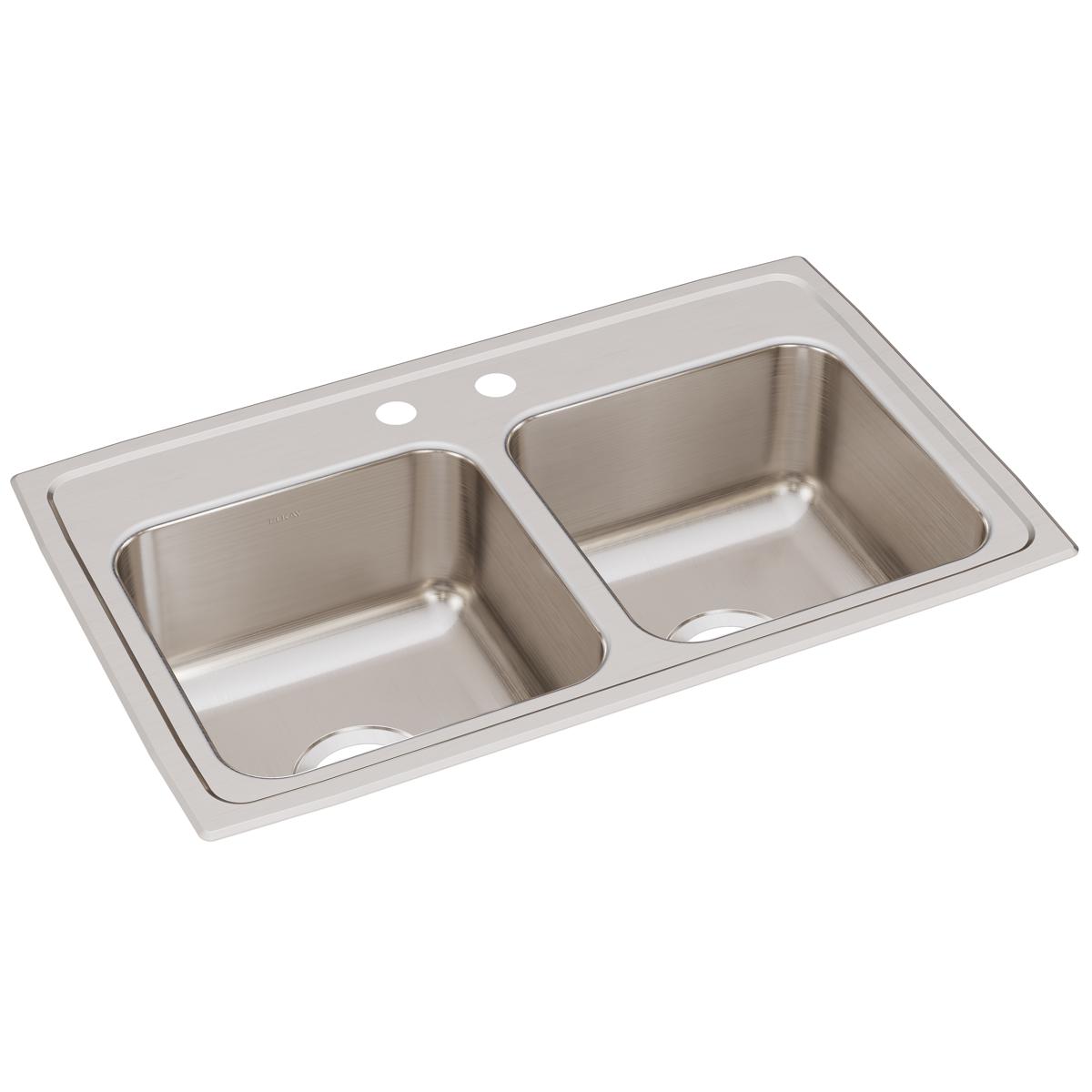 Stainless steel double bowl drop-in sink with two faucet holes and equal-sized rectangular basins.