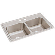 Stainless steel double bowl drop-in sink with two faucet holes and equal-sized rectangular basins.