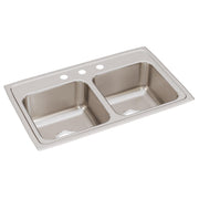 Stainless steel double bowl drop-in sink with three holes across the rim for faucet installation.