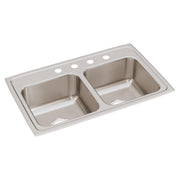 Stainless steel double bowl drop-in sink with four holes across the rim for faucet installation.