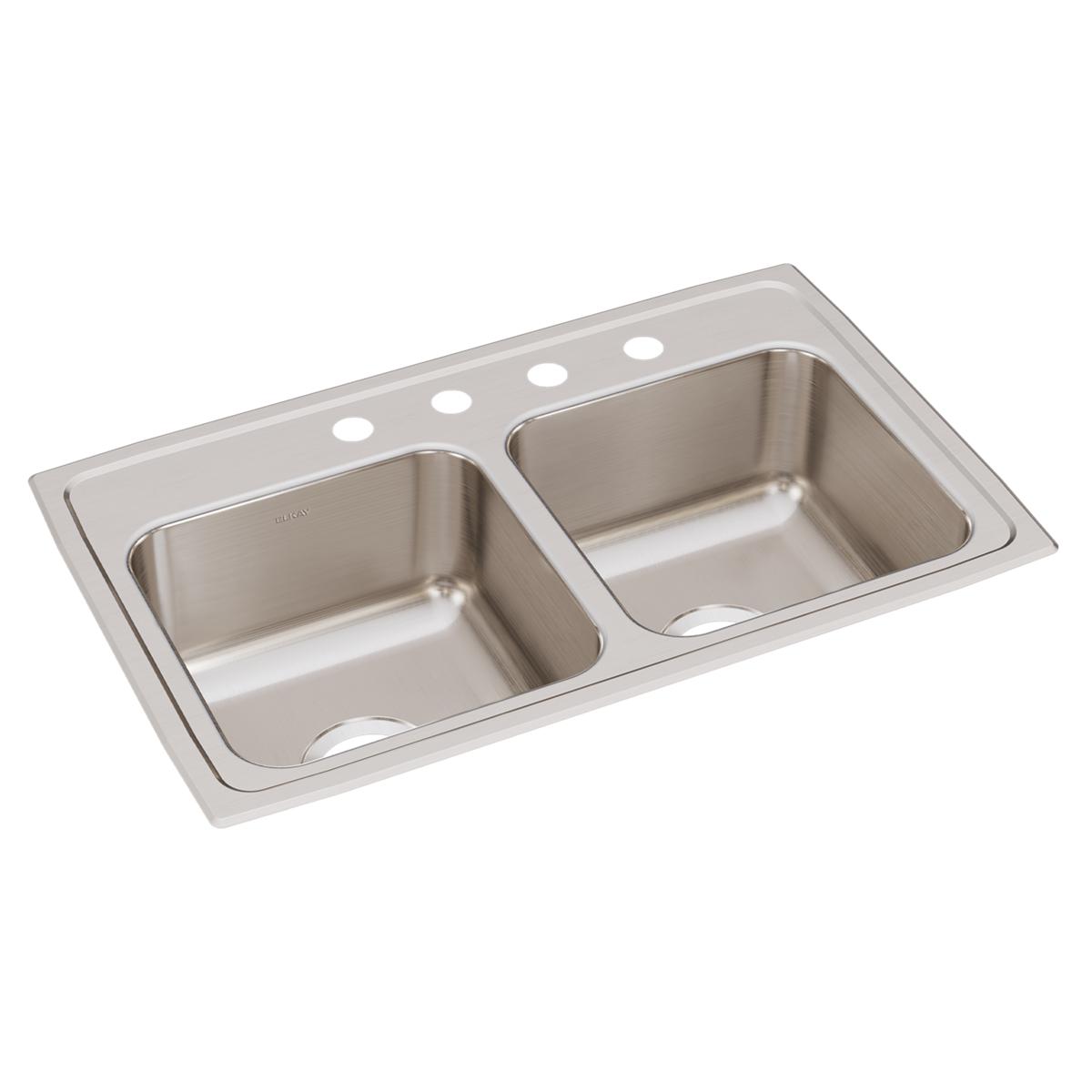 Stainless steel double bowl drop-in sink with four holes across the rim for faucet installation.