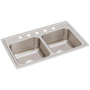 Brushed stainless steel double bowl drop-in sink with five pre-drilled holes across the rim.