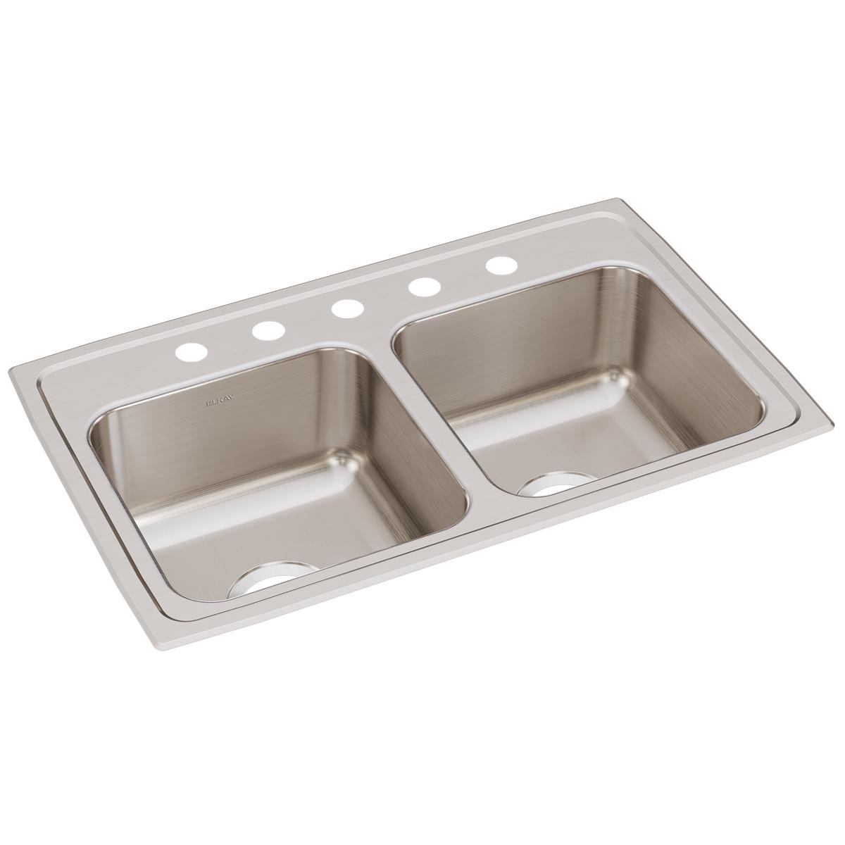 Brushed stainless steel double bowl drop-in sink with five pre-drilled holes across the rim.