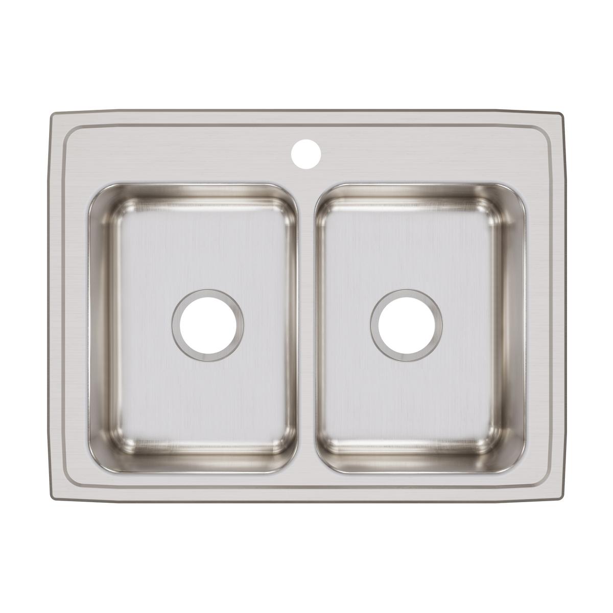 Stainless steel double bowl drop-in sink with two equal rectangular basins and one faucet hole.