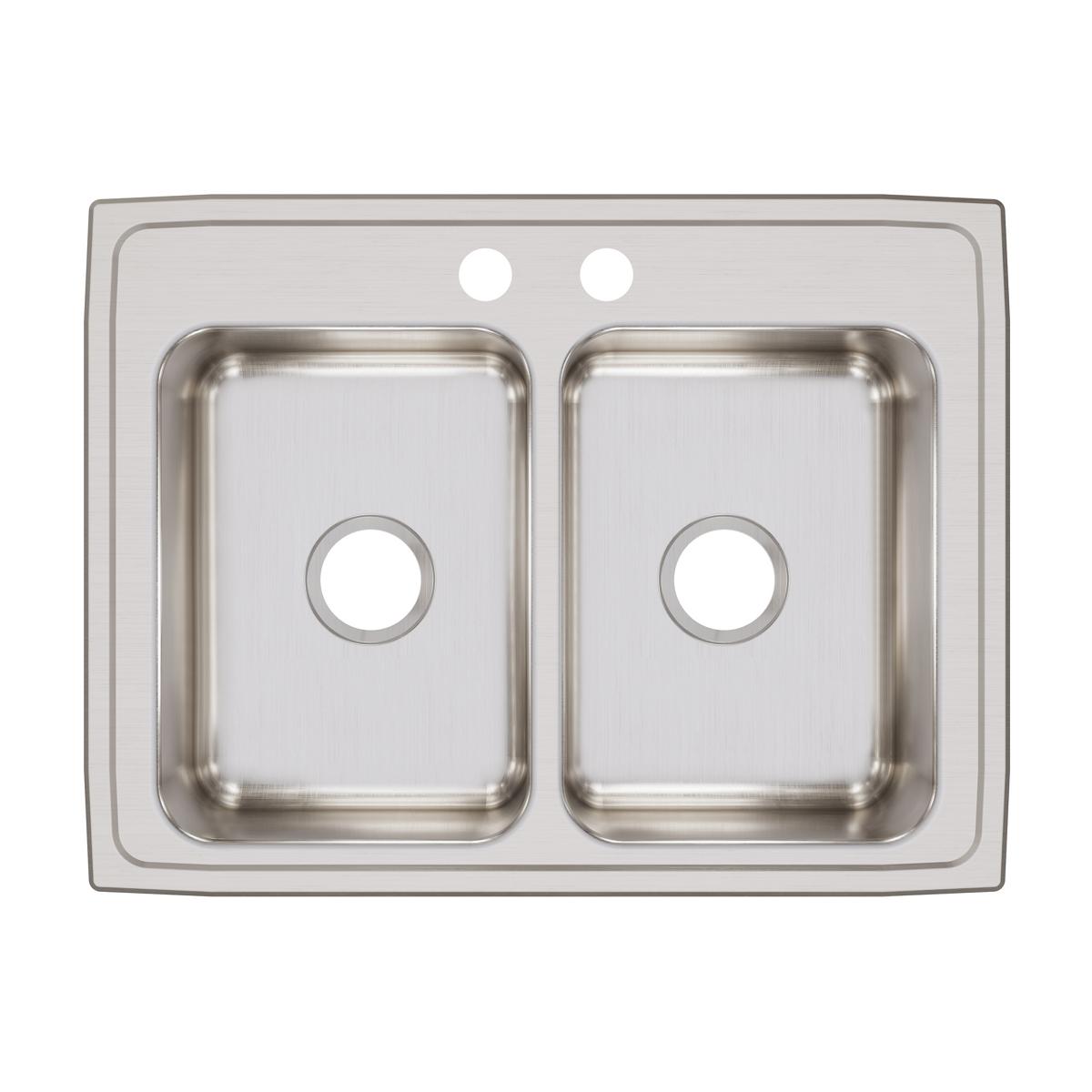 Stainless steel double bowl drop-in sink with two faucet holes and drain holes in each basin.
