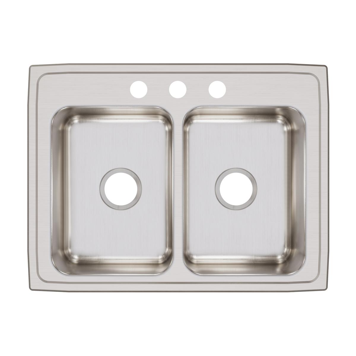 Stainless steel double bowl drop-in sink with three faucet holes across the top.