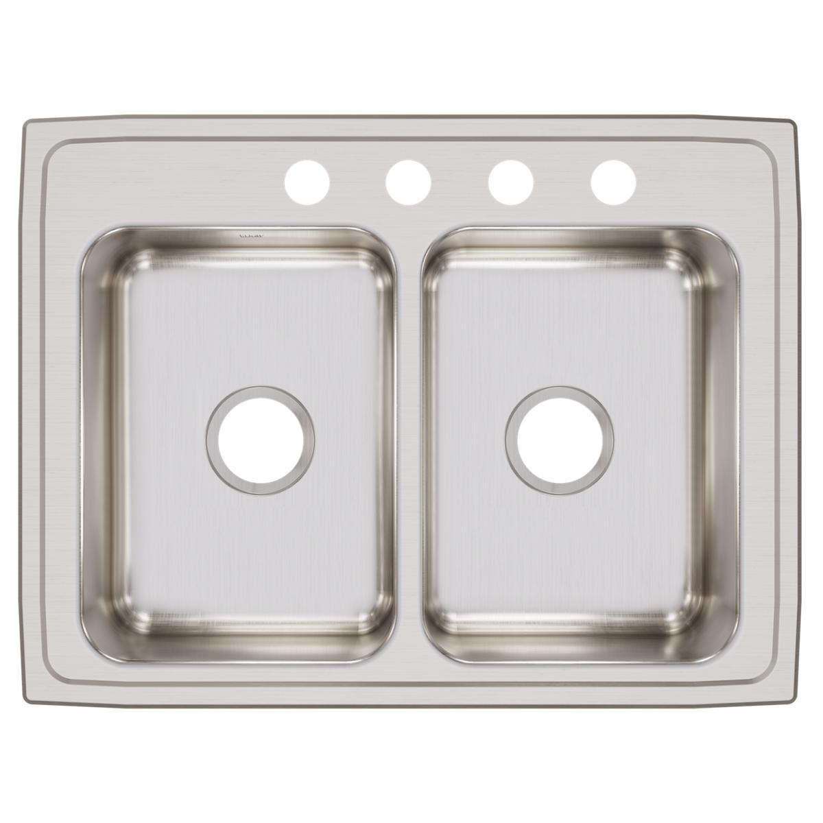 Stainless steel double bowl drop-in sink with four holes across the rim and drain openings in each basin.
