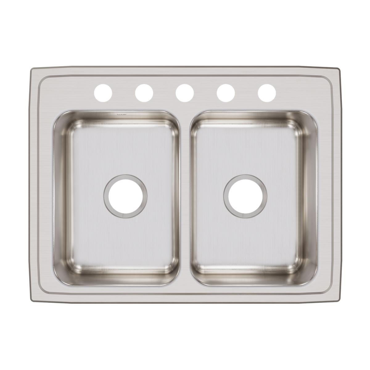Stainless steel double bowl drop-in sink with five holes across the rim for faucet installation.