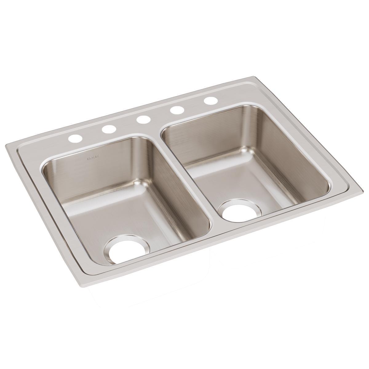 Stainless steel double bowl drop-in sink with five holes across the top ledge for faucet installation.