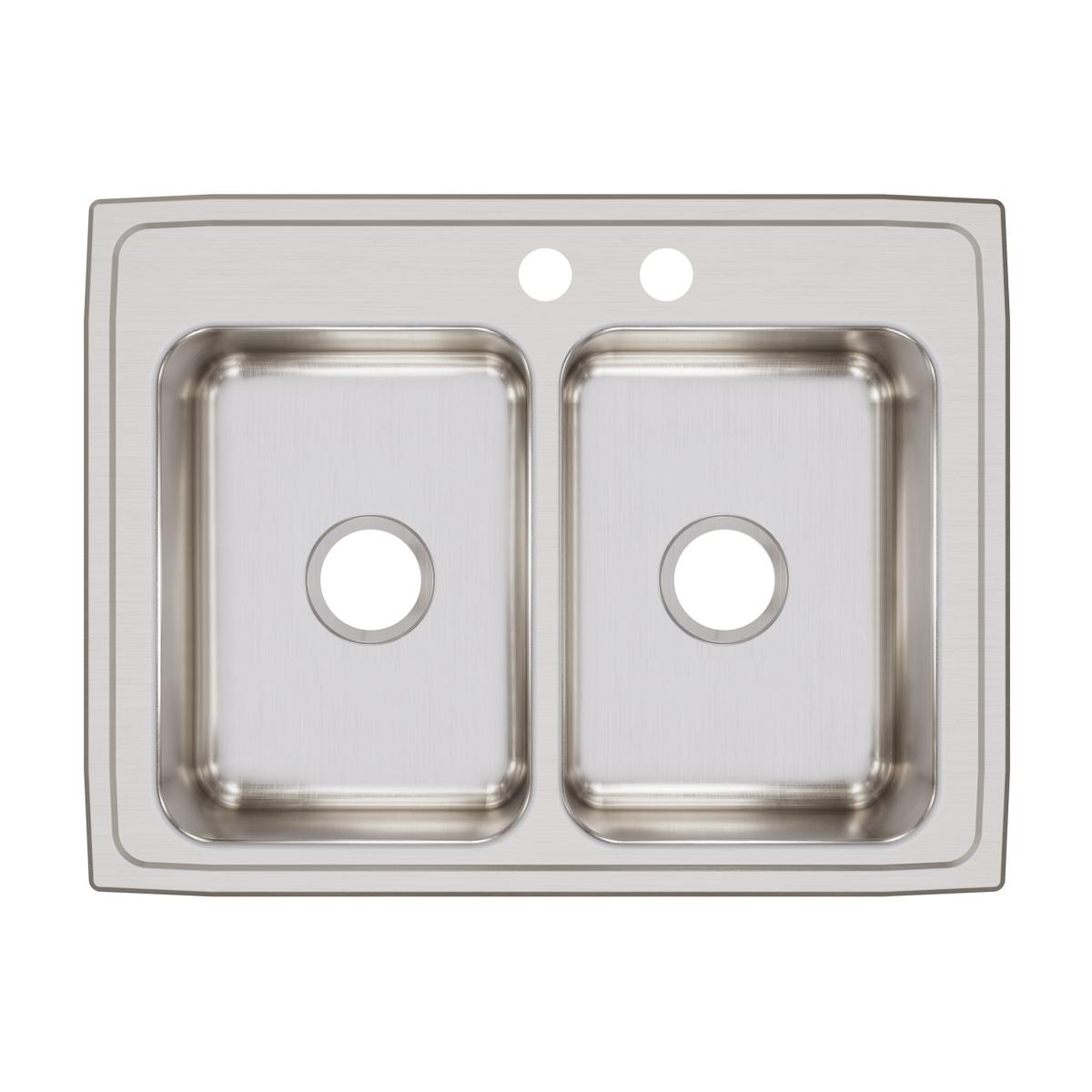 Stainless steel double bowl drop-in sink with two faucet holes and drain openings in each basin.