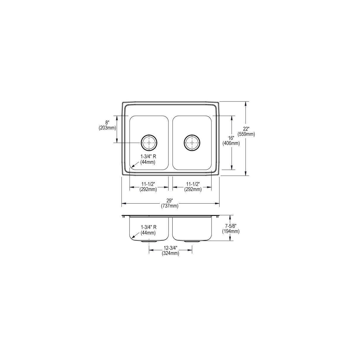 Stainless steel double bowl drop-in sink with four holes and rounded corners, shown in top and side technical views with dime