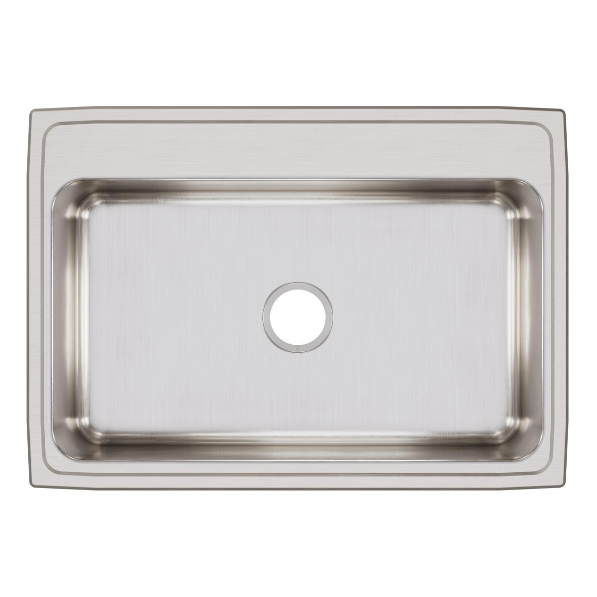 Stainless steel drop-in sink with single rectangular bowl, rounded corners, and one drain hole in center.