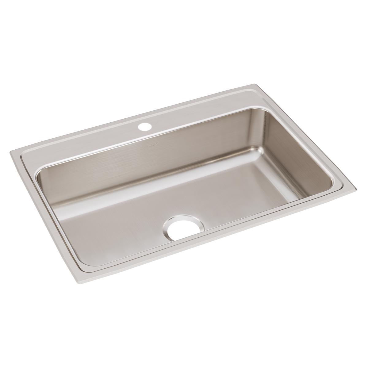 Stainless steel drop-in sink with single bowl and one faucet hole on rim.