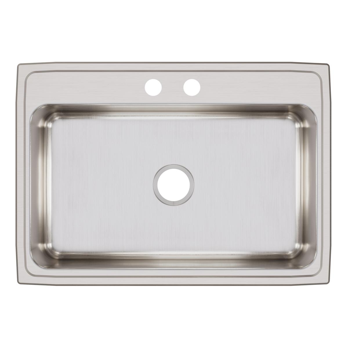 Stainless steel drop-in sink with single bowl and two pre-drilled holes on brushed surface rim.