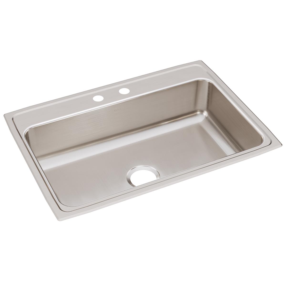Stainless steel drop-in sink with single bowl and two faucet holes on the rim.