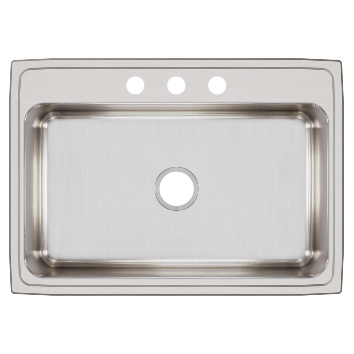 Stainless steel drop-in sink with single bowl, brushed finish, and three holes for faucet mounting on rim.