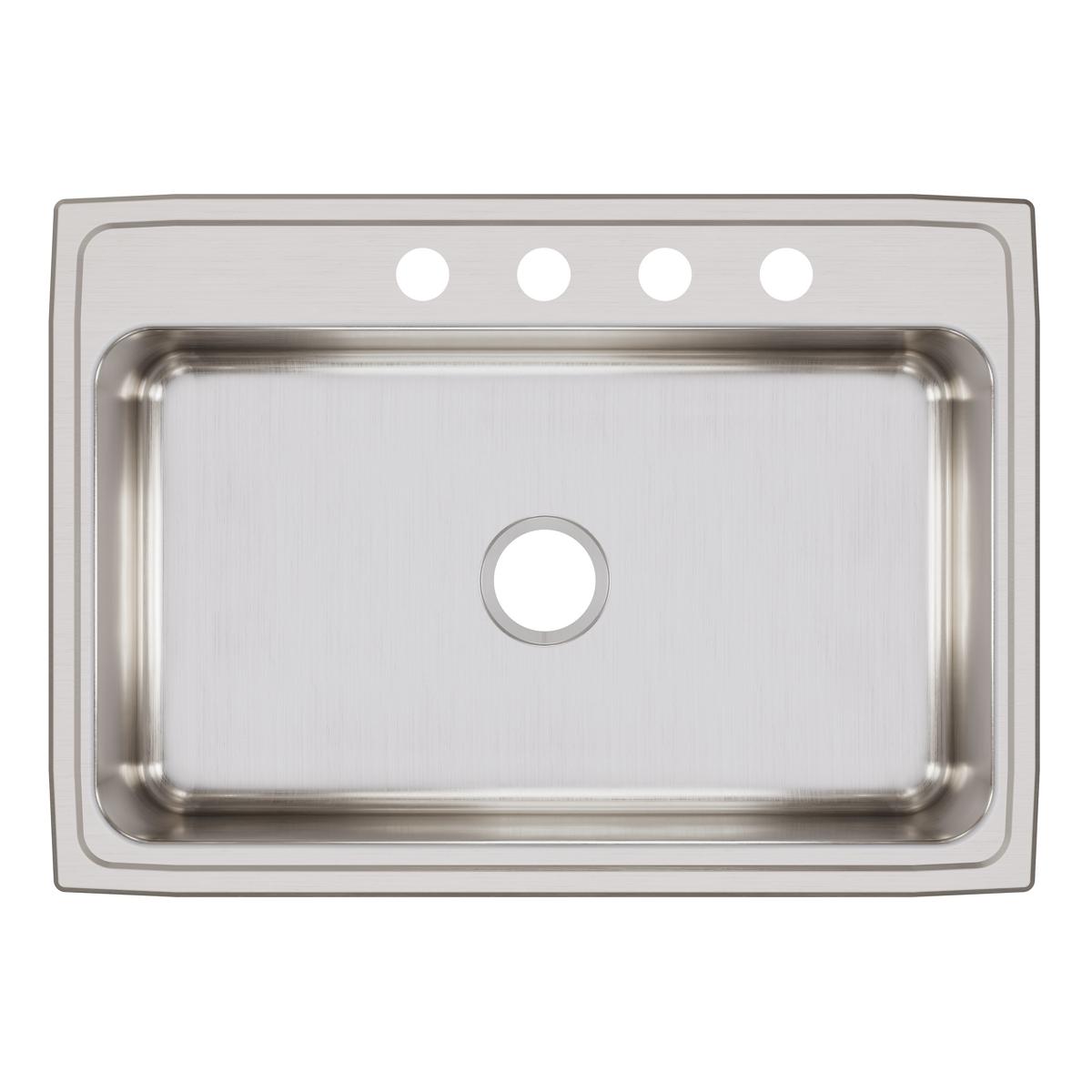 Stainless steel drop-in sink with single bowl and four holes drilled across the rim for faucet installation.