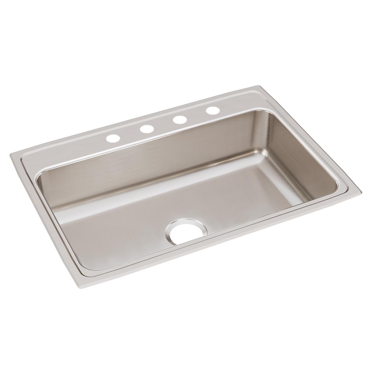 Stainless steel drop-in sink with single bowl and four predrilled holes in rim for faucet mounting.