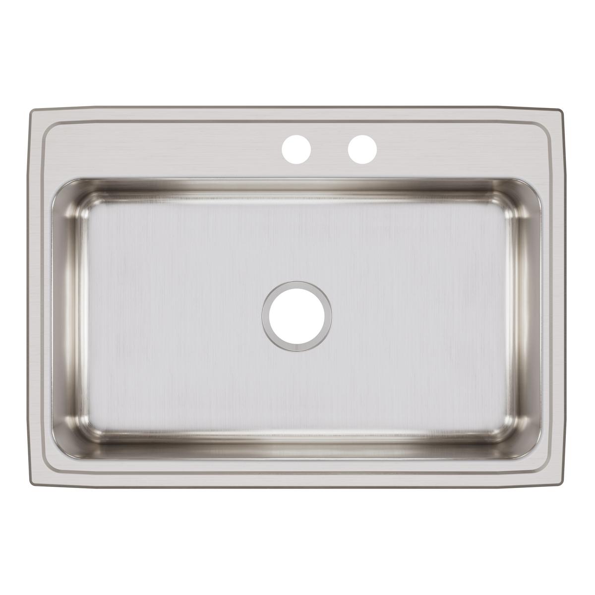 Stainless steel drop-in sink with single rectangular bowl and two pre-drilled holes on rim.