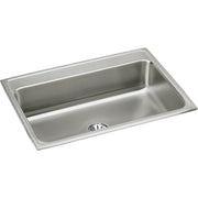 Rectangular stainless steel drop-in sink with single bowl and drain basket visible on bottom.