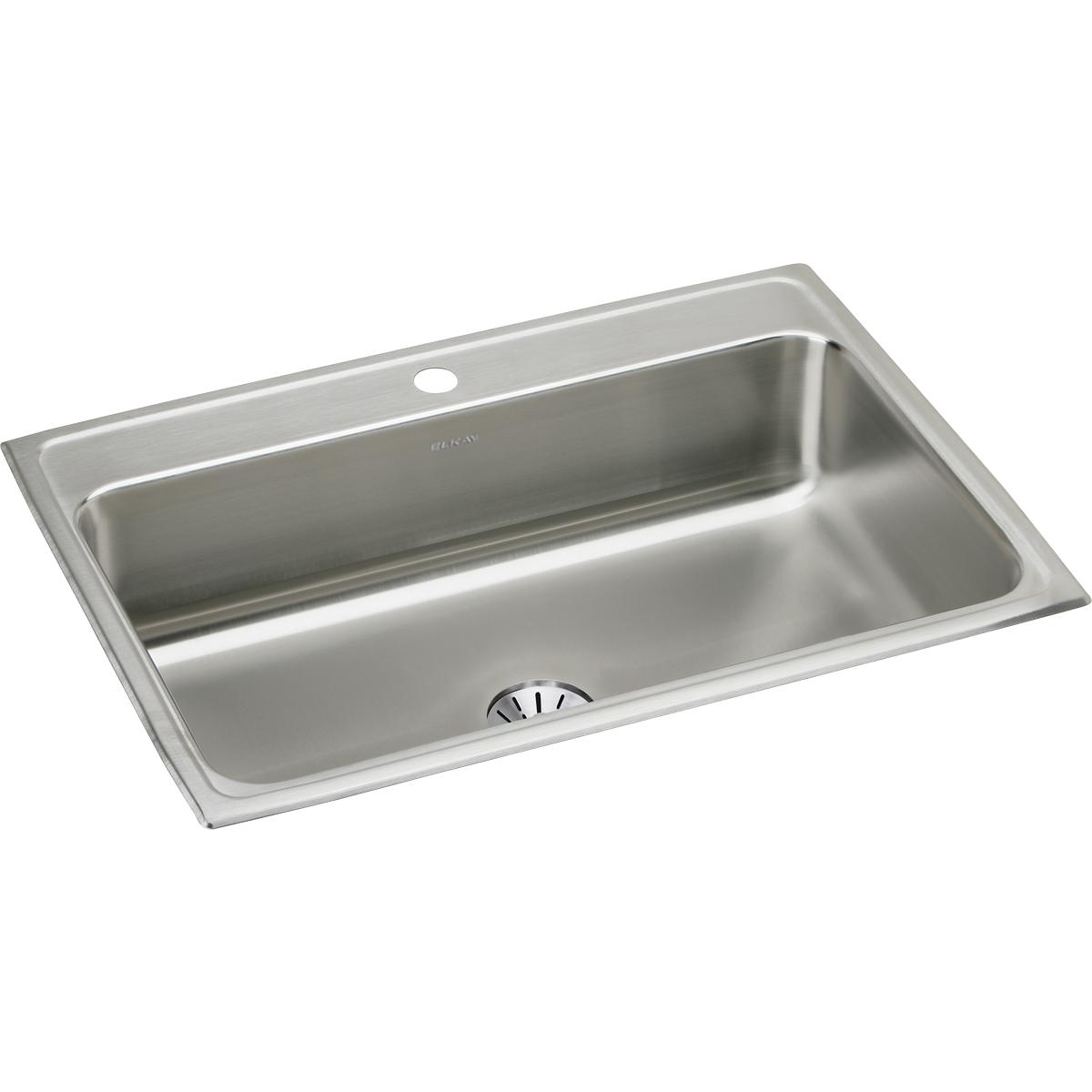 Stainless steel drop-in sink with single bowl, drain hole, and brushed finish surface.