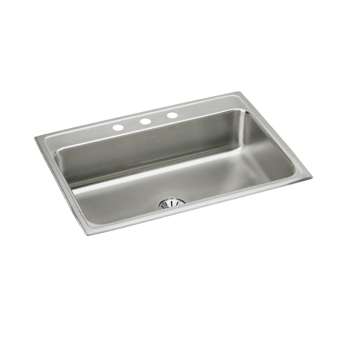 Stainless steel drop-in sink with single rectangular bowl and three faucet holes along the rim.