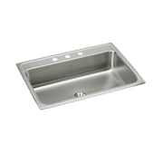 Stainless steel drop-in sink with single rectangular bowl and three faucet holes along the rim.