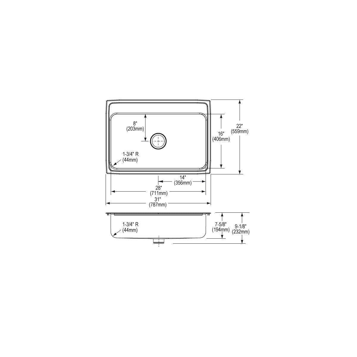 Elkay Lustertone Classic Stainless Steel 31" x 22" x 7-5/8" 4-Hole Single Bowl Drop-in Sink with Perfect Drain