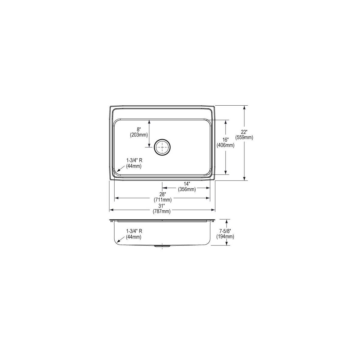Stainless steel single bowl drop-in sink with 3-hole configuration and dimension measurements shown in top and side views.