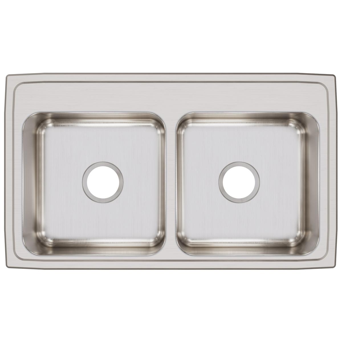 Stainless steel double bowl drop-in sink with two equal-sized basins and pre-drilled holes, viewed from above.