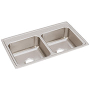 Stainless steel drop-in double bowl sink with two equal-sized basins and drain holes.