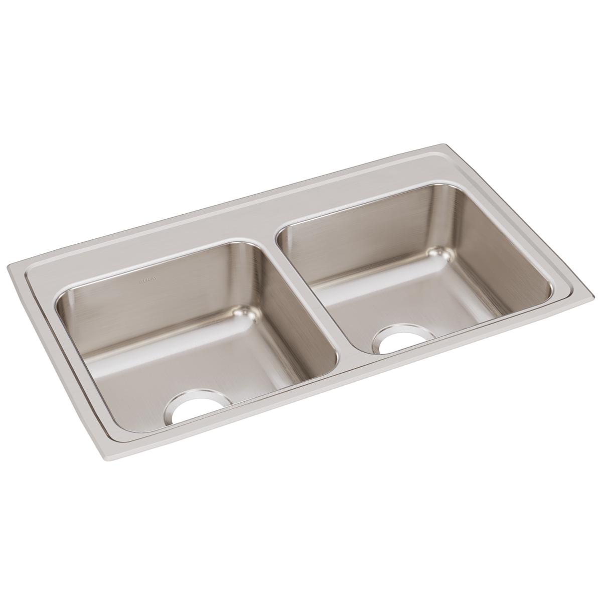 Stainless steel double bowl drop-in sink with two equal-sized basins and drain holes.