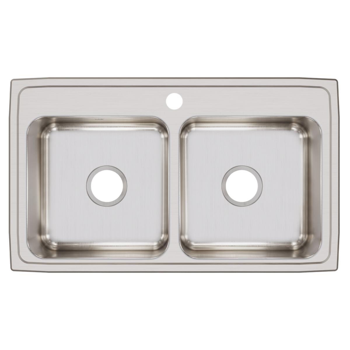 Stainless steel double bowl drop-in sink with two equal basins and single faucet hole.